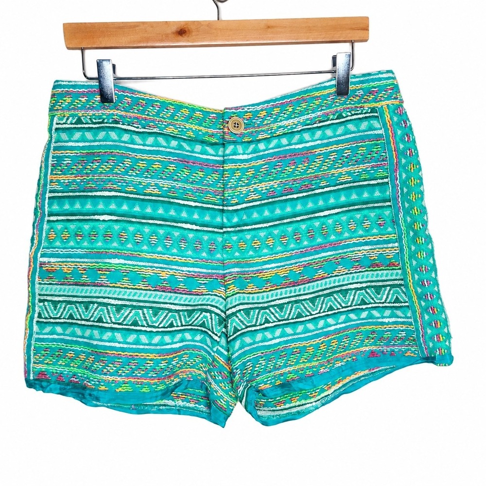 Anthropologie Elevenses Shorts Women's Size 8 Costa Aztec Green Embroidered Boho